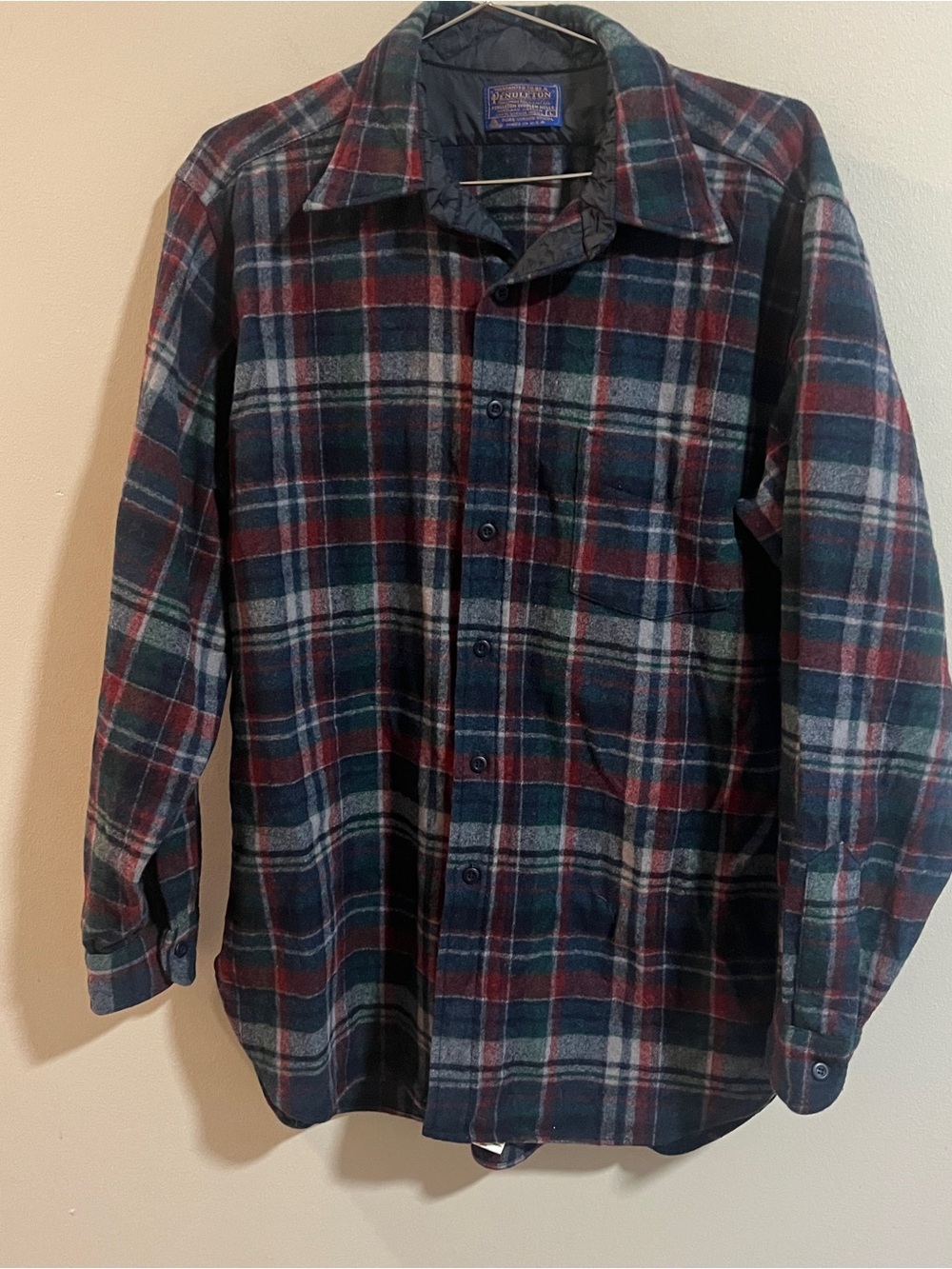Pendleton Men’s L Plaid Wool Flannel Button-Up Shirt Pockets Point Collar